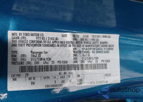 2013 Ford Focus Se z USA, uszkodzony, nr VIN 1FADP3K24DL113859